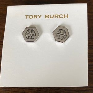 Tory Burch Silver Hex Logo Stud Earrings